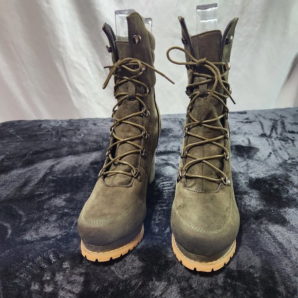 Green Faux Suede Lace-up 4" Block Heel Ankle Booties - Picture 2 of 7